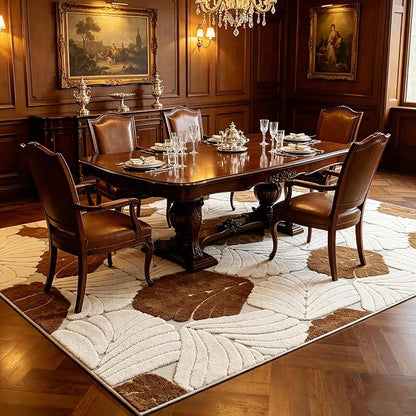 Washable Area Rug 5′3″ × 7′6″ for Living Room Bedroom Hotel, Leaves | Soft Cozy Fluffy Mid Pile Machine Washable Non Slip Boho Modern Accent Rug for Dining Room Nursery Kids Room Dorm Hotel