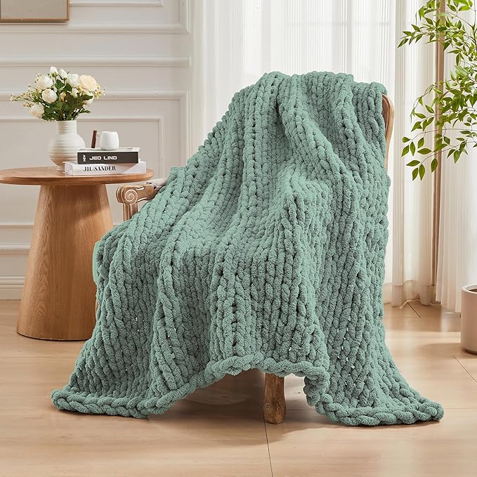 Carriediosa Chunky Knit Throw Blanket 60" X 80" Twin, 100% Hand Made Large Chenille Loop Yarn Soft Fluffy Throws for Couch Sofa Bed, Big Crochet Cozy Heavy Thick Cable Woven Blankets, Sage Green