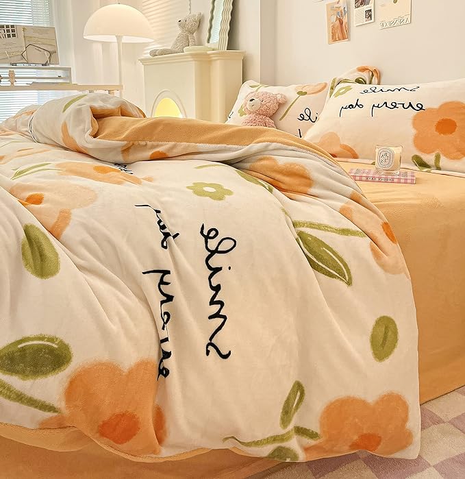 MorroMorn Queen Duvet Cover Orange Flowers, Floral Bedding Sets, Plush Fluffy Comforter Covers Set, Down Alternative Blanket Ultra Soft for Girls Kids Teen Women Full Double Size