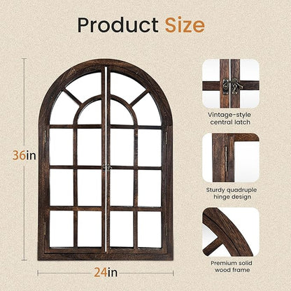 Arched Wall Mirror with Window Design, 36"x24" Rustic Farmhouse Wood Mirror for Wall Decor, Decorative Vintage Arch Mirror for Living Room, Bedroom, Entryway