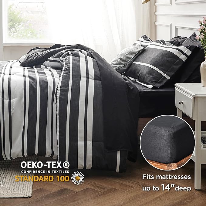 Bedsure Bed in a Bag Twin Size 5 Pieces, Black White Striped Bedding Comforter Sets All Season Bed Set with 1 Pillow Sham, Flat Sheet, Fitted Sheet and 1 Pillowcase
