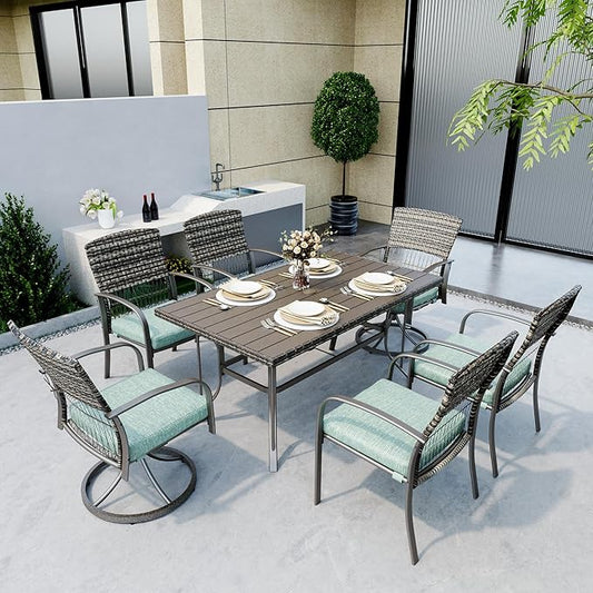 Pamapic 7 Piece Patio Dining Set for 6,Wicker Outdoor Furniture Set for Backyard Garden Deck Poolside with Iron Slats Table Top,4 Dining Chairs and 2 Swivel Rockers,Removable Cushions(Green)