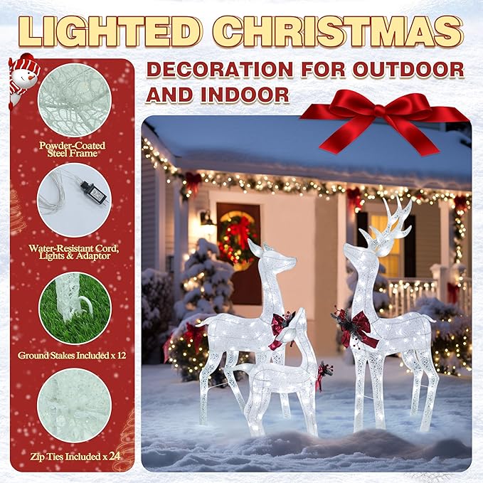 4.5FT Lighted Reindeer Family Set for Christmas Decoration, 3 Pieces Pre-Lit Iridescent Deer Xmas Decor with 200 LED Lights, 3D Glittered Standing Holiday Display for Outdoor, Indoor, White