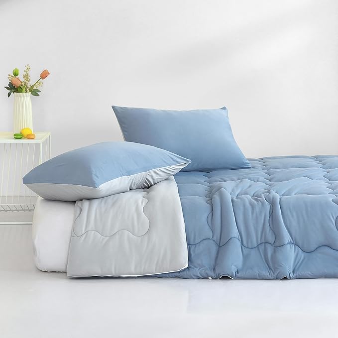 COTTEBED Reversible Blue and Light Gray Bed Comforter Queen Sets, Jersey Knit T-Shirt Feel Ultra-Soft Lightweight Breathable Cozy Bedding Down Quilt Blanket & 2 Pillowsham All Season Use (Full/Queen)