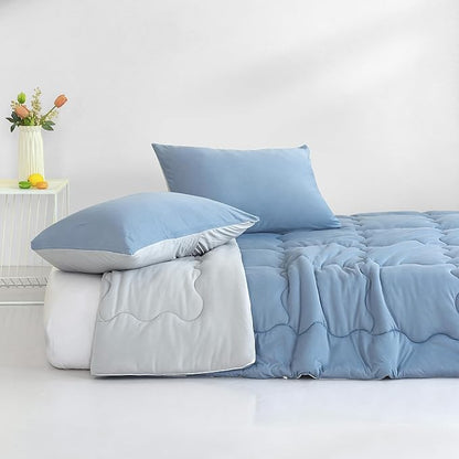 COTTEBED Blue and Grey KING Sized Bed Down Comforters Set, Jersey Knit Milk Cup Dual-Sided Reversible Softness Breathable Lightweight California King Bedding Alternative Quilt & Pillowsham All Seasons