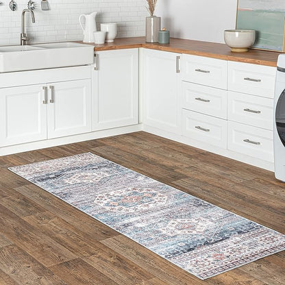 nuLOOM Drina Distressed Machine Washable Ultra Thin Runner Rug, 2' 6" x 8', Blue