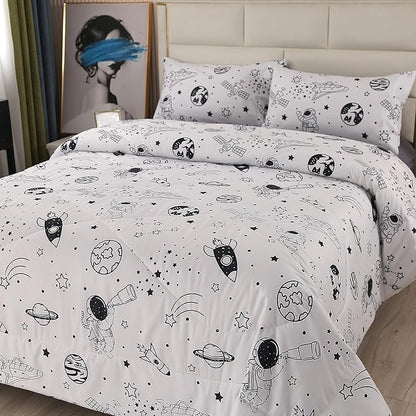 MAG 3Pcs Out Space Bedding Comforter Set, White Galaxy Comforter Set,for Toddlers Kids,Boys Teens and Girls,Super Soft Microfiber (1 Comforter + 2 Pillowcases) (Space, Queen)