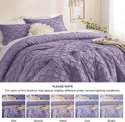 Bedsure King Size Comforter Set - Grayish Purple Comforter, Boho Tufted Shabby Chic Bedding Comforter Set, 3 Pieces Farmhouse Bed Set for All Seasons, Fluffy Soft Bedding Set with 2 Pillow Shams