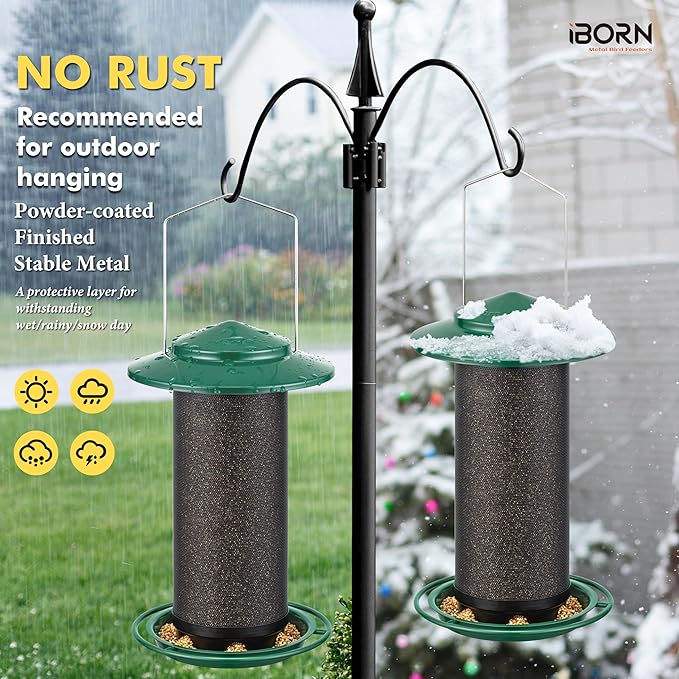 iBorn Bird Feeders for Outdoors, All Metal Mesh Tube, Holding Bird Seed for Outside Feeders,18cm Large Roof, Green, 2.8lb(Seed is not Included)
