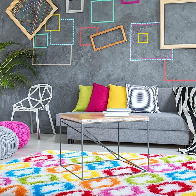 Tepook Fluffy Colorful Rug for Kids, Shaggy Soft Rainbow Area Rugs for Girls Bedroom, Indoor Modern Geometric Moroccan Rugs Plush Girls Kids Rug for Playroom Teens Room Nursery Home Decor, 4 X 6 ft
