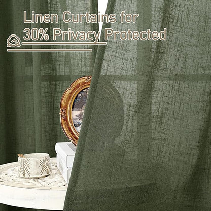 LAMIT Olive Green Linen Curtains 72 inches Long for Living Room, Soft Thick Semi Sheer Light Filtering Bronze Grommet Window Treatments Neutral Drapes for Bedroom, 2 Panels Set, 52 x 72 Inch