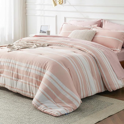 Bedsure Bed in a Bag King Size 7 Pieces, Light Pink White Striped Bedding Comforter Sets All Season Bed Set, 2 Pillow Shams, Flat Sheet, Fitted Sheet and 2 Pillowcases