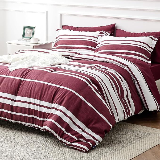 Bedsure Bed in a Bag King Size 7-Piece Burgundy White Striped Bedding Comforter Sets All Season Bed Set, 2 Pillow Shams, Flat Sheet, Fitted Sheet and 2 Pillowcases