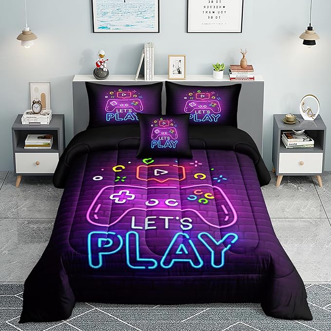 Gamer Comforter Sets,6 PCS Gaming Bedding Set for Boys,Kids Comforter Sets for Boys,Twin Comforter Sets for Boys,Bed in A Bag with Sheets(Twin,Pink Color)