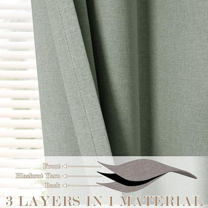 100% Blackout Linen Textured Drapes for Bedroom Pinch Pleated Curtains for Track System Portable Drapery for Sliding Glass Door/Storage/Space Room Divider, 70" Wx84 L, 1 PC, Fog Green