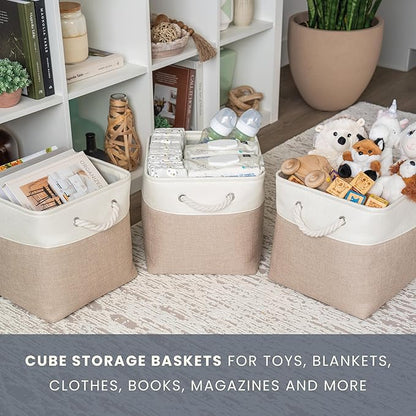 OrganiHaus 11x11 Cube Storage Bins 4 Pack, Foldable Cube Storage Organizer w/ Rope Handles, Collapsible Fabric Bins for Toys, Clothes & Closet Organization, Fabric Square Baskets - Beige/White