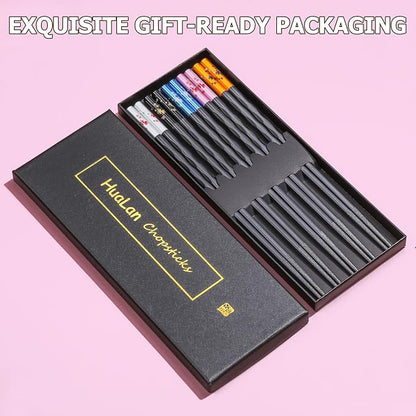 Fiberglass Chopsticks Series - Japanese Non-Slip Chopstick, Reusable Chop Sticks Dishwasher Safe, 5 Pairs, Gift Set, 9.9 Inches,Golden Fish