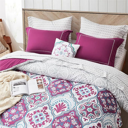 Degrees of Comfort Twin Complete Comforter Sets, Lattice Boho Bed in A Bag,Microfiber Bedding Set with Side Pockets, Matching Decorative Pillow, 6 Piece Purple