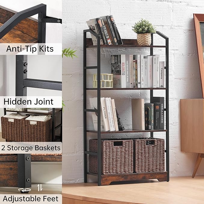 Vagusicc 4 Tier Bookshelf with 2 Storage Baskets, Tall Bookcase Shelf Storage Organizer Wood Book Shelf, Modern Shelf Rack Shelves with Steel Frame, Multipurpose Bookshelf for Bedroom Living Room