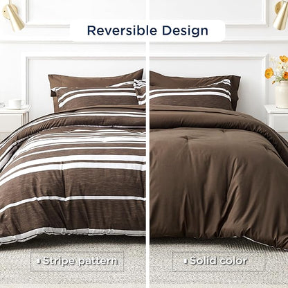 Bedsure Bed in a Bag Twin Size 5-Piece Brown White Striped Bedding Comforter Sets All Season Bed Set with 1 Pillow Sham, Flat Sheet, Fitted Sheet and 1 Pillowcase