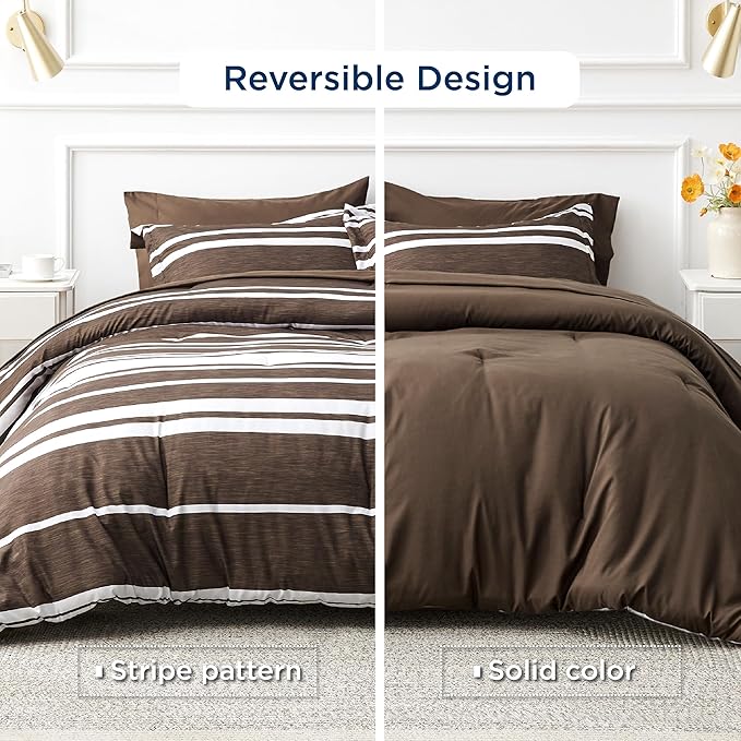 Bedsure Bed in a Bag King Size 7-Piece Brown White Striped Bedding Comforter Sets All Season Bed Set, 2 Pillow Shams, Flat Sheet, Fitted Sheet and 2 Pillowcases