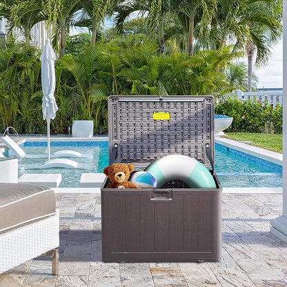 33GAL Brown Blow - Molded Outdoor Deck Box with Lockable Lid - Waterproof, SGS - Certified UV Resistance, Durable Construction for Garden Tool and Pool Accessory Storage, Simple Assembly