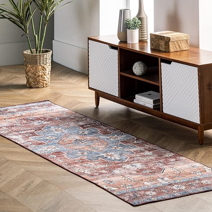 nuLOOM Zena Medallion Machine Washable Ultra Thin Runner Rug, 2' 6" x 12', Rust