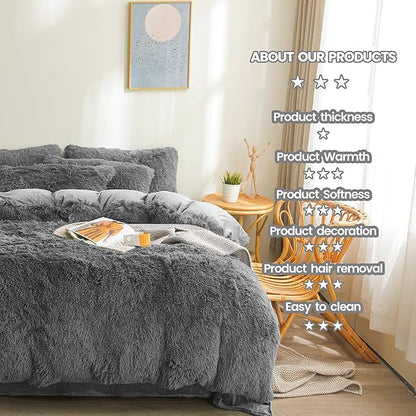 Fluffy Faux Fur dark grey Comforter Cover Set Queen - Ultra Soft Plush dark grey Bedding Sets 3 Pieces (1 fluffy duvet cover + 2 Faux Fur Pillow case) Cute dark grey Bed Set (Dark Grey, Queen)