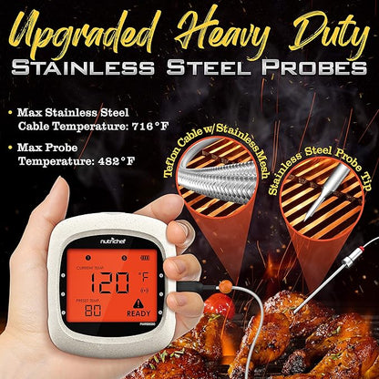 Nutrichef Bluetooth Meat Thermometer for Grilling and Smoking with 4 Wireless Meat Probes, 4 Channels with LCD Display