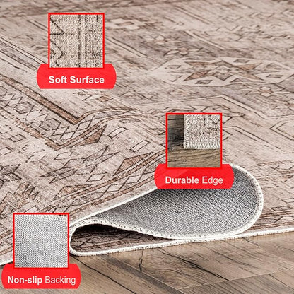nuLOOM Amie Persian Border Machine Washable Ultra Thin Area Rug, 4' x 6', Light Brown