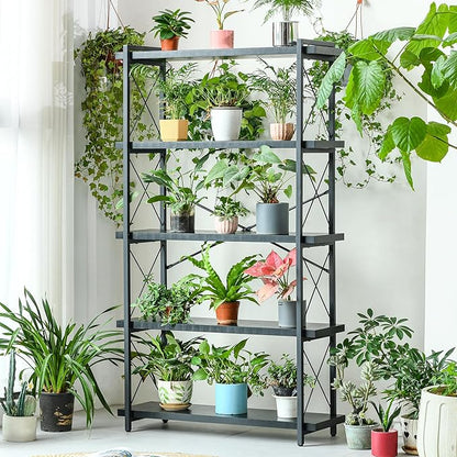 HCHQHS Bookshelf, 5-Tier Industrial Bookcase, Black Open Book Shelf, Freestanding Tall Bookshelves with Metal Frame