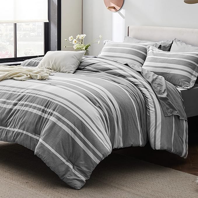 Bedsure California King Comforter Set Size 7 Pieces, Gray White Striped Cali King Bed Set All Season Bedding Sets, Bed in a Bag with Comforter, Sheets, Pillowcases & Shams