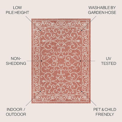 JONATHAN Y Vintage Filigree Indoor Outdoor Round Area Rug 5 Ft Red/Beige, Charleston Textured Weave for Backyard, Patio, Porch, Easy-Cleaning, High Traffic, Pet-Friendly, Non-Shedding (SMB106B-5R)