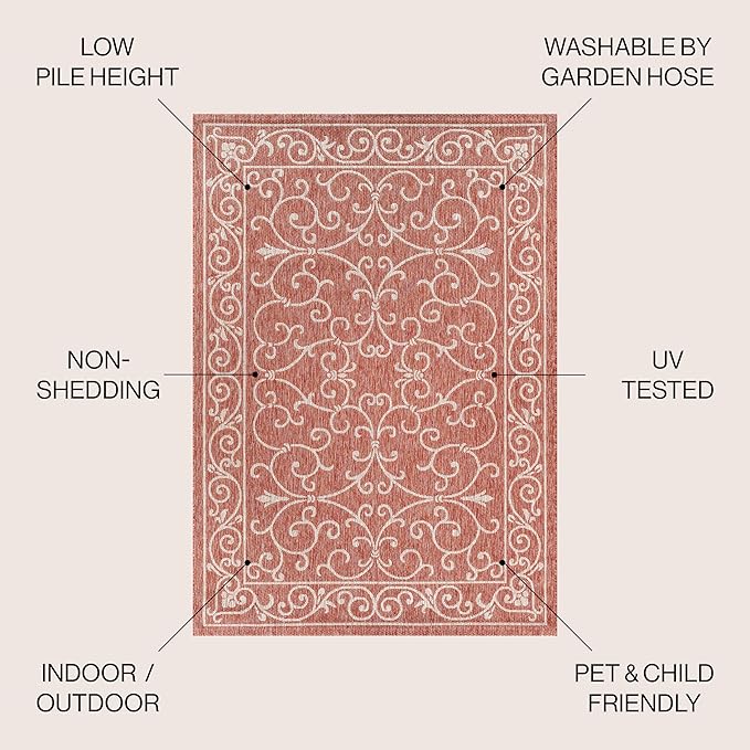JONATHAN Y Vintage Filigree Indoor Outdoor Round Area Rug 9 Ft Red/Beige, Charleston Textured Weave for Backyard, Patio, Porch, Easy-Cleaning, High Traffic, Pet-Friendly, Non-Shedding (SMB106B-9R)