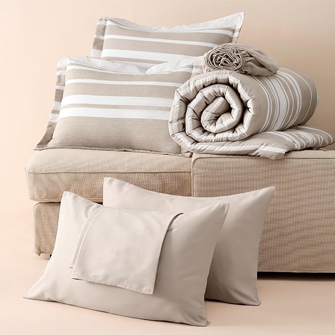Bedsure Bed in a Bag California King Size 7 Pieces, Light Camel White Striped Bedding Comforter Sets All Season Bed Set, 2 Pillow Shams, Flat Sheet, Fitted Sheet and 2 Pillowcases