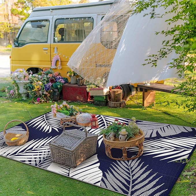 GENIMO Outdoor Rug 8' x 10' Waterproof for Patios Clearance, Reversible Outdoor Plastic Straw Camping Rug Carpet, Large Area Rugs Mats for RV, Camper, Deck, Balcony, Porch, Beach, Navy Blue&White