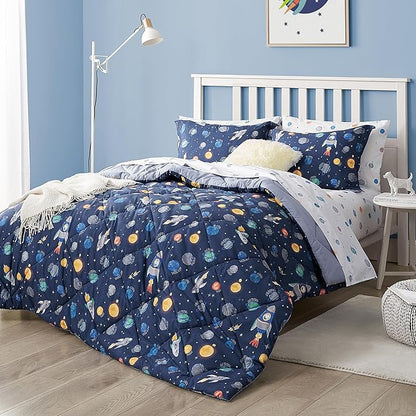 Kids Bedding Set for Boys, Queen Size 7 Pieces Space Themed Bed in a Bag, Super Soft Lightweight Microfiber Comforter Set with Sheets, Hotel Quality Durable Children Bed Set