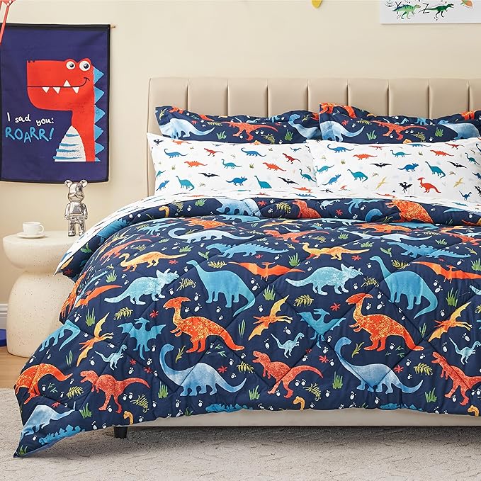 Kids Twin Dinosaur Bedding Comforter Set for Boys, 5 Pieces Twin Size Dinosaur Kids Bedding Set, Super Soft Lightweight Microfiber Comforter Set with Sheets for All Seasons