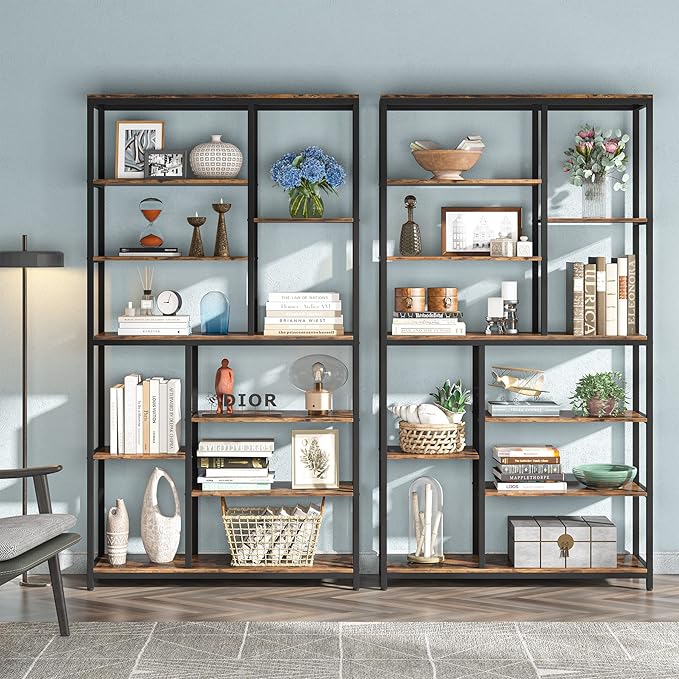 Modern 8-Tier Staggered Bookcase - 79 Inches Tall, Wide Wood Etagere Shelving Unit