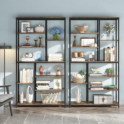 Modern 8-Tier Staggered Bookcase - 79 Inches Tall, Wide Wood Etagere Shelving Unit