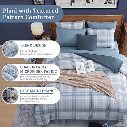 Light Blue Bedding Sets Full, Plaid Full Size Comforter Sets for Boys & Girls,Classic Homestead-style Comforter Full Size with Full Size Bed Sheets and Comforter Set