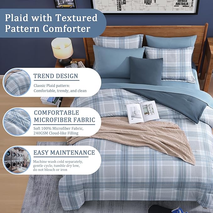 Light Blue Twin Bed Set, Plaid Twin XL Comforter Set for Boys & Girls,Classic Homestead-style Twin Comforter Set with Sheets and Comforter Set
