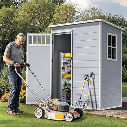 DWVO 5x3FT Outdoor Storage Shed with Fence-Style and Side Windows, Floor, Lockable Doors, Plastic Storage Shed for Backyard and Garden, Gray