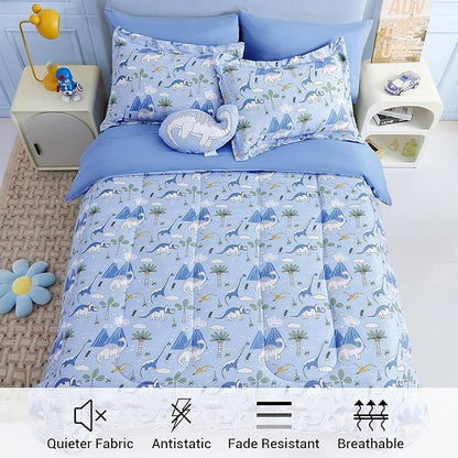 Mooreeke Kids Comforter Bed Set Twin Size for Boys, 6 Pieces Bed in a Bag with Shams, Sheet Set and 1 Decorative Toy Throw Pillow, Dinosaur Blue Super Twin Soft Microfiber Kids Comforter Bedding Set