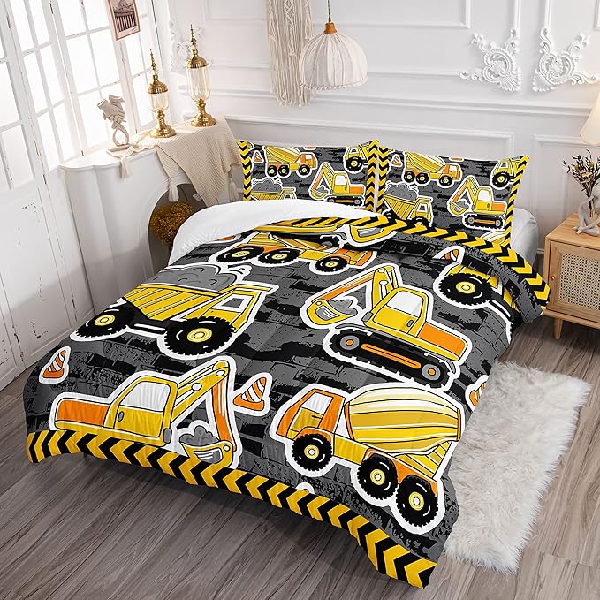 Datura home Kids Construction Truck Comforter Set for Boys Kids,Excavators Truck Machinery Vehicles Tractor Printed Bedding Set with 1 Comforter and 2 Pillowcases(Truck Yellow Full), Full 80x90inches
