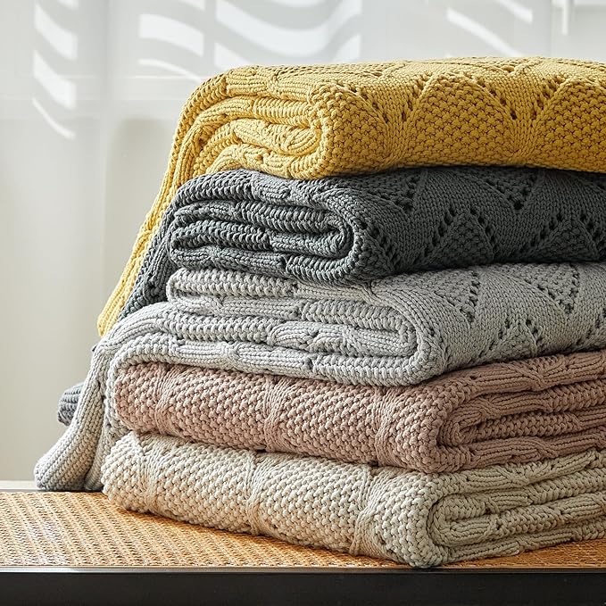 Longhui bedding Chunky Cotton Knit Throw Blanket for Couch, Sofa, Bed, or Chair, Decorative Breathable Fall Cable Knit Blanket 51 x 63 Inches, Beige