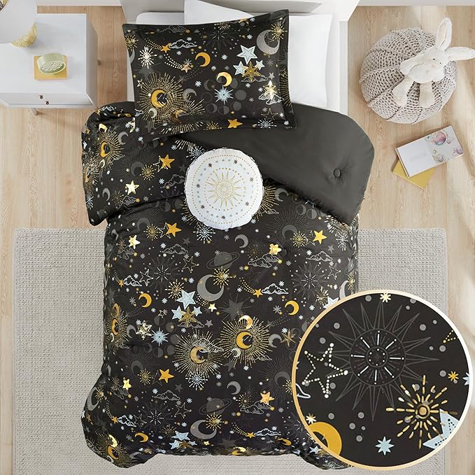 Mi Zone Kids Twin Comforter Set, Celestial Metallic Comforter Set Starry Sky, Moon & Sun Comforter, All Seasons Lightweight & Fluffy Comforter Bed Set, 1 Sham, Celia, Twin Charcoal/Gold 3 Piece