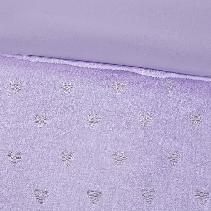 Mi Zone Rosalie Comforter Set for Girls, Ultra-Soft Microlight Plush Metallic Printed Hearts Brushed Reverse Overfilled Down Alternative Hypoallergenic All Season, Full/Queen, Purple/Silver, 4 Piece