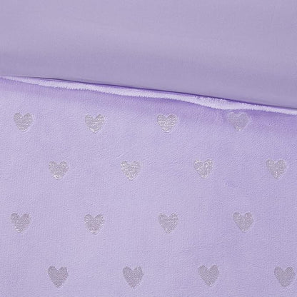 Mi Zone Rosalie Comforter Set for Girls, Ultra-Soft Microlight Plush Metallic Printed Hearts Brushed Reverse Overfilled Down Alternative Hypoallergenic All Season, Twin/Twin XL, Purple/Silver, 3 Piece