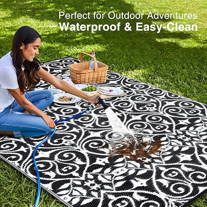 OLANLY Outdoor Rug Waterproof 8x10 ft Clearance, Reversible Outdoor Plastic Straw Rug with Floral Pattern, RV Mat for Patio, Camping, Balcony, Deck, Backyard, Black & White